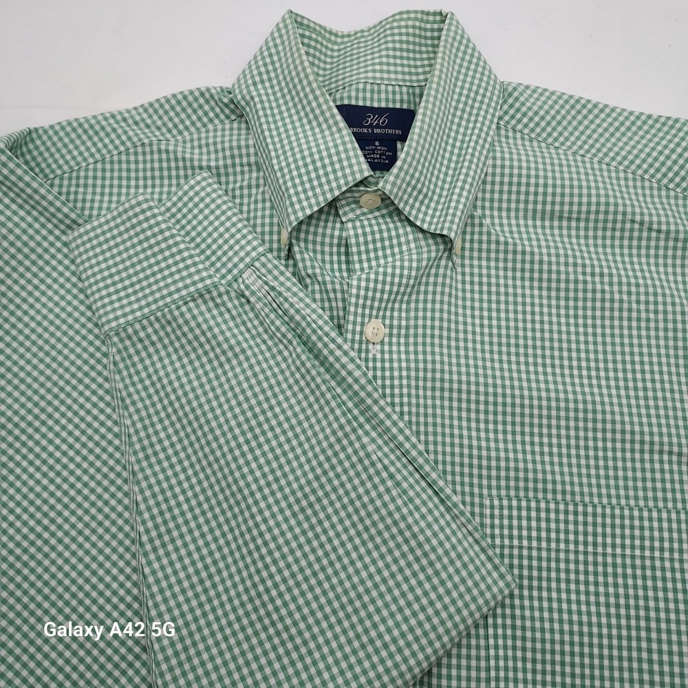 Brooks Brothers 346 Mens Small Green Gingham Non-Iron Cotton Button Down Shirt